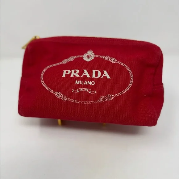 💯 Authentic PRADA Logo Canapa Pouch Cosmetics Pouch Red Canvas Used - Picture 1 of 7
